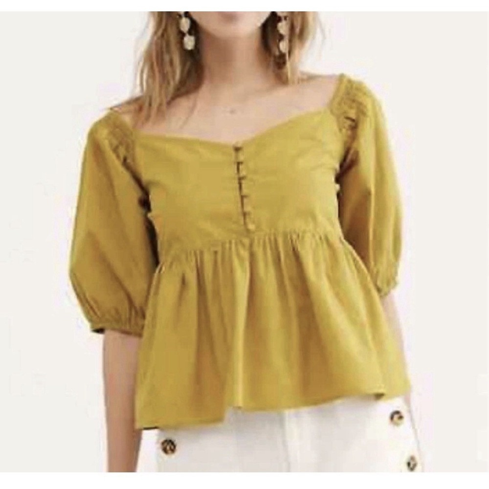 Free People Sz L Mustard Yellow Veronica Sweetheart Puff Sleeve Crop Top Blouse